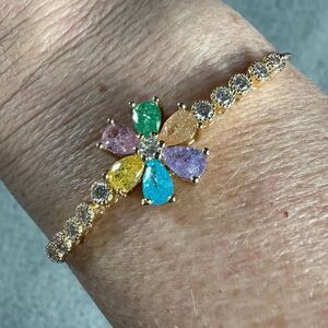 NEW Adjustable Lariat Multicolor CZ Flower Bracelet Yellow Gold Plated